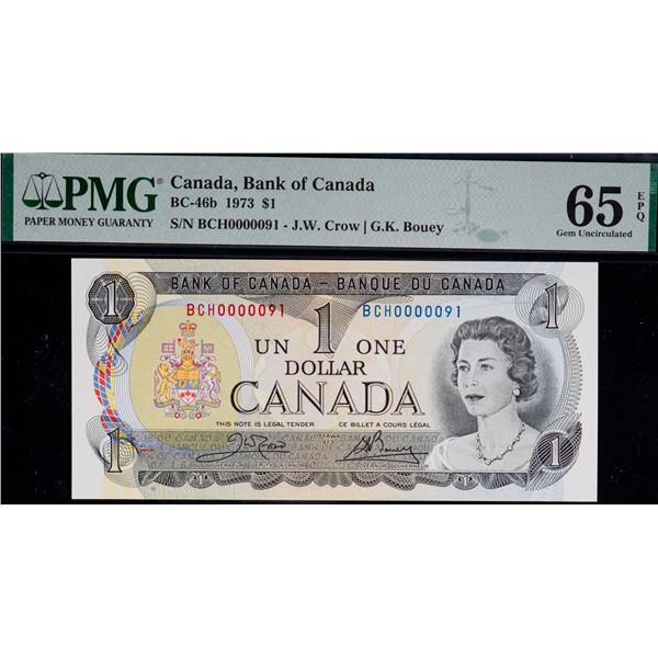 Low Numbers; 1973 $1 BC-46b #BCH0000091 to 0000095. All 5 notes PMG Gem Uncirculated-65PPQ.