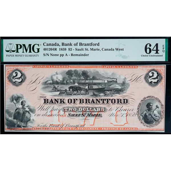 The Bank of Brantford;  1859 $2 CH-40-12-04R, PMG Choice Uncirculated-64EPQ.