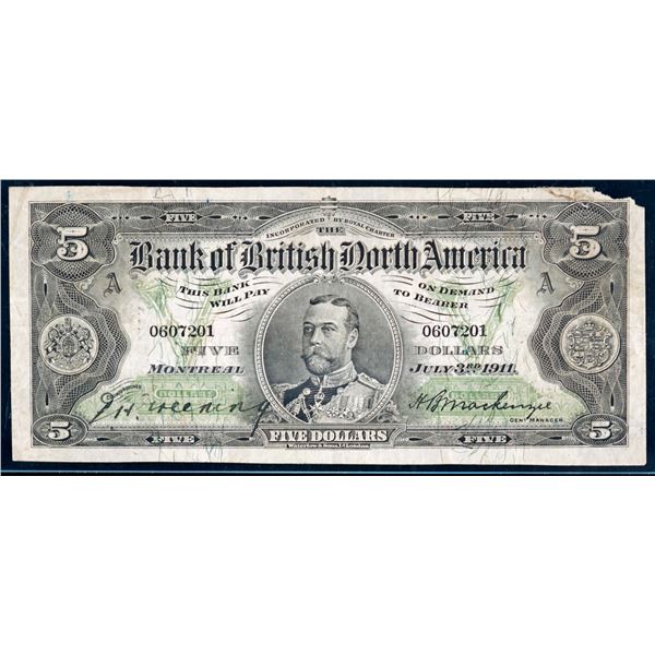 The Bank of British of North America 1911 $5 #0607201 CH-55-24-04 Legacy Very Fine-20 Missing UR cor