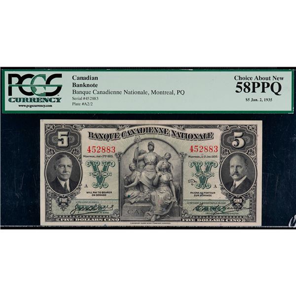 Banque Canadienne Nationale 1935 $5 CH-85-14-02 #452883 PCGS Choice About Uncirculated-58PPQ