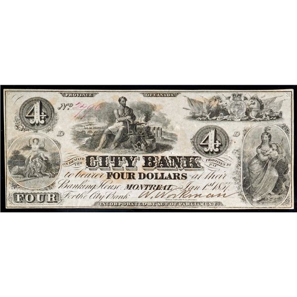 The City Bank of Canada; 1857 $4 #2796 CH-110-16-02, PMG Choice Very Fine-30.