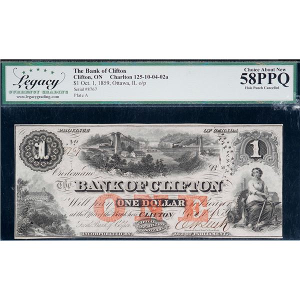 The Bank of Clifton;  1859 $1 #8767 CH-125-10-04-02a, Legacy Choice About Uncirculated-58PPQ.