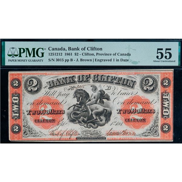 The Bank of Clifton 1861 $2 #3015 CH-125-12-12 PMG Choice About Uncirculated-55