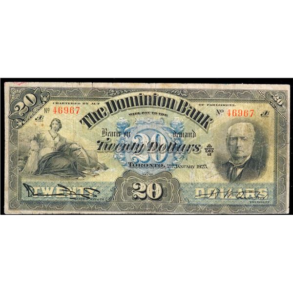 The Dominion Bank 1925 $20 #46967 CH-220-20-08, F-VF.
