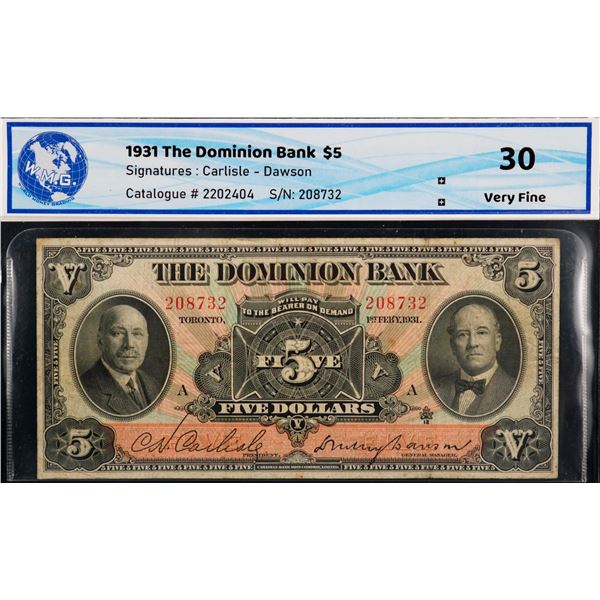 The Dominion Bank 1931 $5  #208732 CH-220-24-02 WMG Choice Very Fine-30