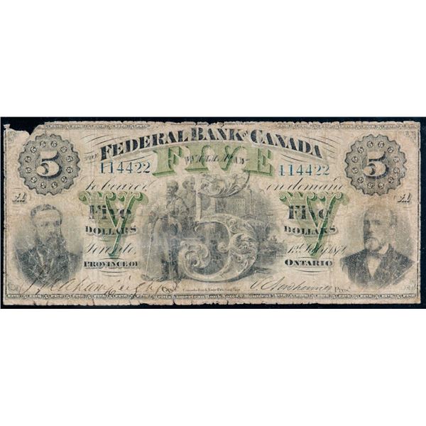 The Federal Bank of Canada 1874 $5 #114422 CH-300-10-04 PMG Fine-12