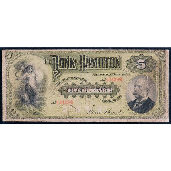 The Bank of Hamilton 1892 $5 #43429 CH-345-16-02a PMG Fine-12