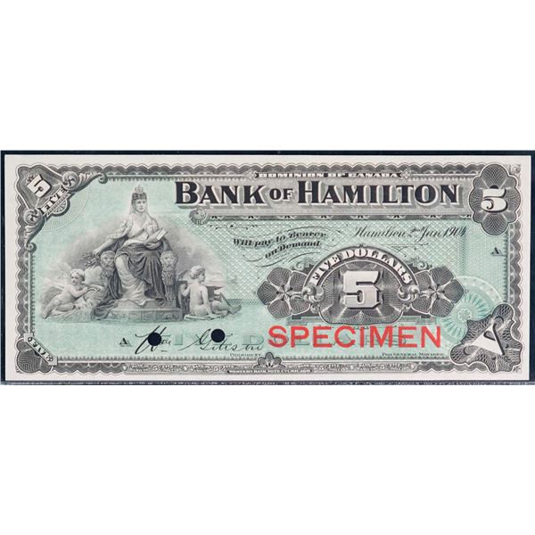 The Bank of Hamilton;  1904 $5 CH-345-18-02S, Legacy Gem Superb Gem Uncirculated-66PPQ. Hole Punch C