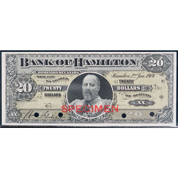 The Bank of Hamilton;  1904 $20 CH-345-18-06S, Legacy Gem Uncirculated-65PPQ.  Hole Punch Cancelled.