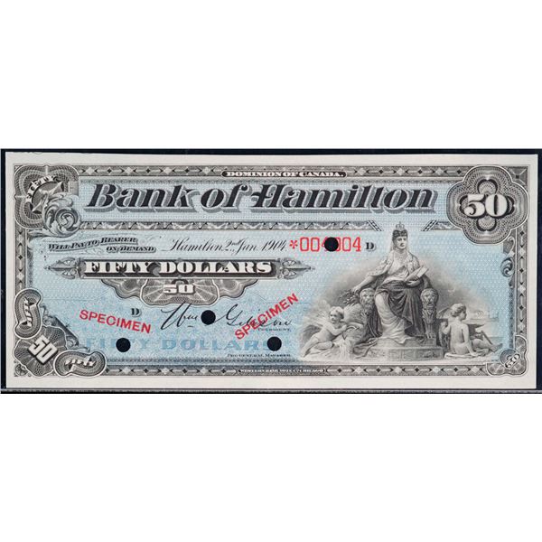 The Bank of Hamilton;  1904 $50 CH-345-18-08S, Legacy Gem Superb Gem Uncirculated-66PPQ. Hole Punch 