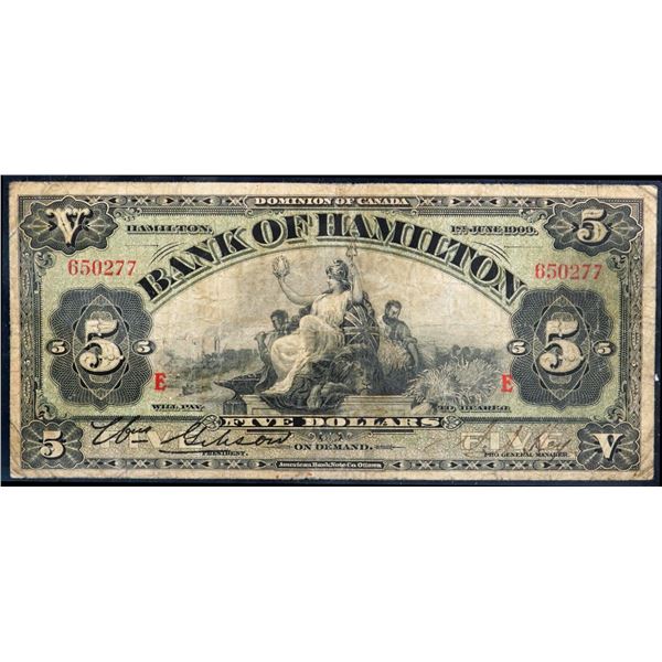 Bank of Hamilton 1909 $5 #650277 ¨EE¨ twice in RED CH-345-20-02 F-VF.  Test Note.
