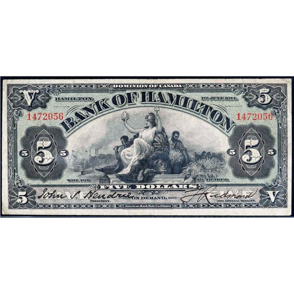 The Bank of Hamilton 1914 $5 #1472056 CH-345-20-04 PMG Choice Very Fine-25PPQ.  A very bright and at