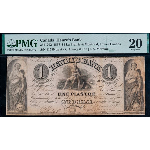 Henry's Bank 1837 $1 #11599 CH-357-12-02 PMG Very Fine-20, small piece added.
