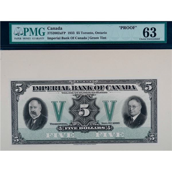 Imperial Bank of Canada 1933 $5 CH-375-20-02aFP -Face Proof - PMG Choice Uncirculated-63.