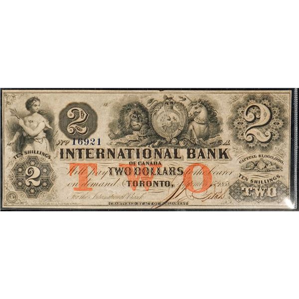 The International Bank of Canada;  1858 $2 #16921 (Blue) CH-380-10-16-10, Uncirculated or better.  C