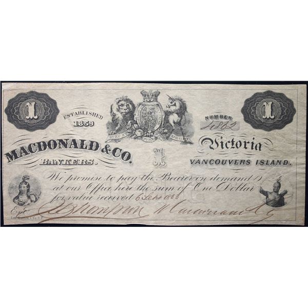 MACDONALD & CO. 1863 $1 CH-420-10-02A #4862  Legacy Extra Fine. Thompson signature.  Exceptional gra
