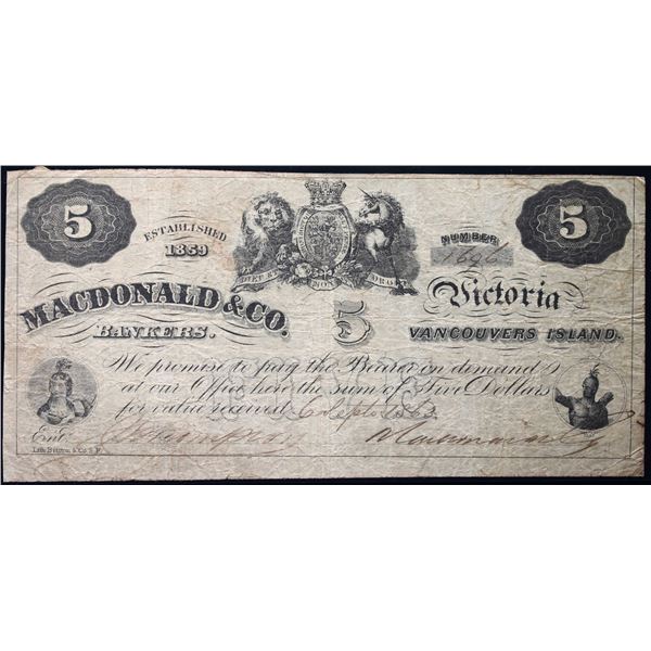MACDONALD & CO. 1863 $5 CH-420-10-04A #1696  Legacy Very Fine-20. Thompson signature.  Scarce and se