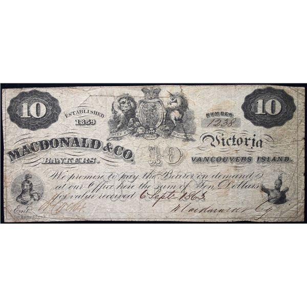 MACDONALD & CO. 1863 $10 CH-420-10-04B #1238  Legacy Choice Fine-15, small edge tears.  Cocker signa