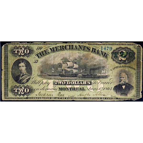 The Merchants Bank;  1864 $2 #1479 CH-455-10-04, Legacy Choice Fine-15 with minor border issues.  Ch