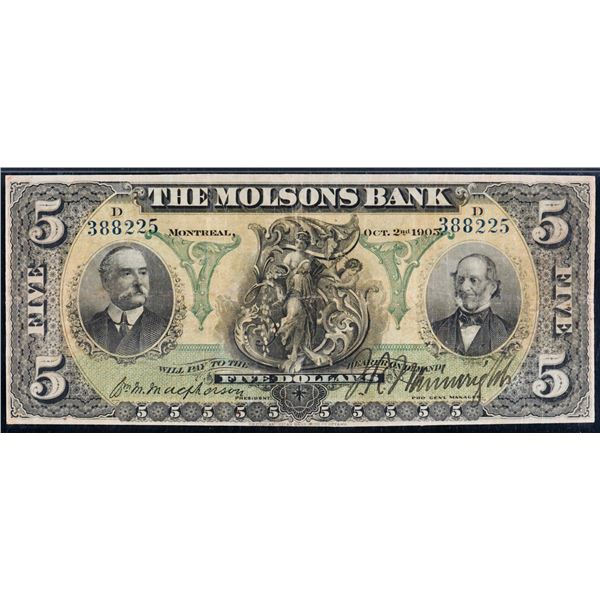 The Molsons Bank 1905 $5 #388225 CH-490-28-04 PMG Choice Very Fine-25 minor rust.  A superb example 