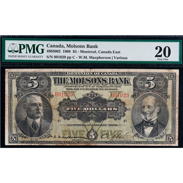 The Molsons Bank 1908 $5 #091029 CH-490-30-02 PMG Very Fine-20
