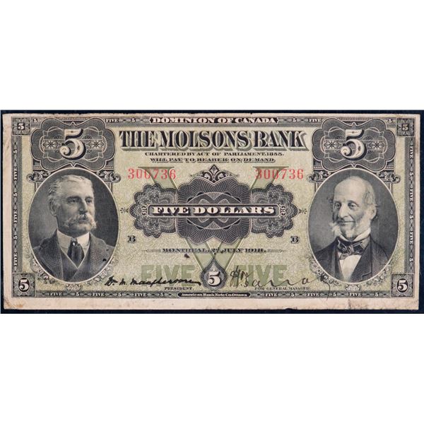 The Molsons Bank 1918 $5 #300736 CH 490-38-02 Legacy Choice Very Fine-25, minor issues.