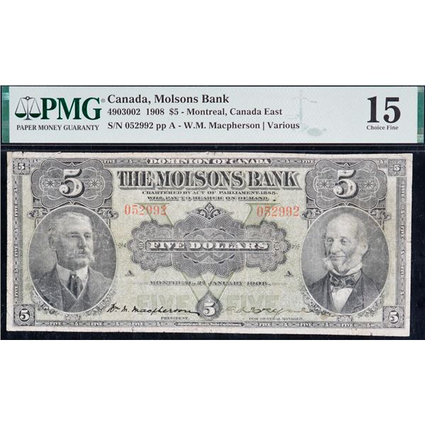The Molsons Bank; 1908 $5 #052992 CH-490-30-02, PMG Choice Fine-15.