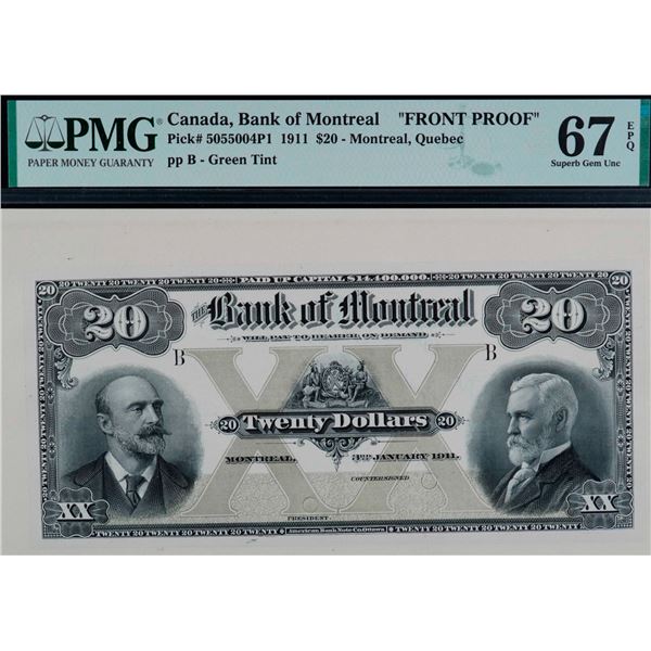The Bank of Montreal;  1911 $20 CH-505-50-04P, PMG Superb Gem Uncirculated-67EPQ.