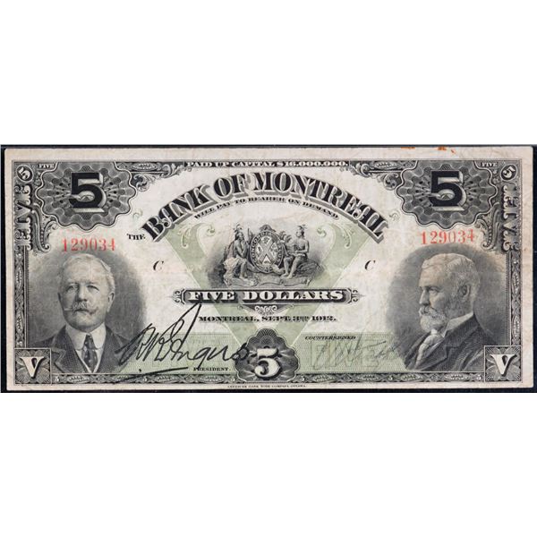 The Bank of Montreal 1912 $5 #129034 CH-505-52-02 PMG Very Fine-20 - Scarce date and seldom seen on 