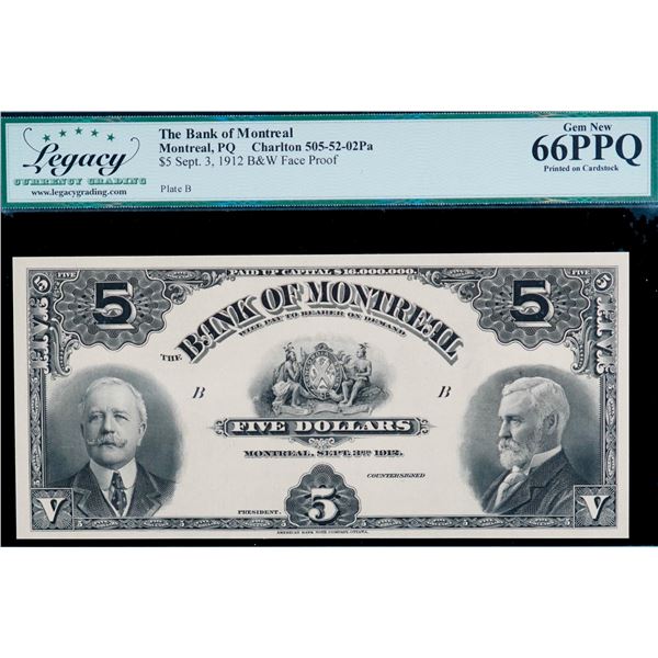 The Bank of Montreal; 1912 $5 CH-505-52-02Pa, Legacy Currency Grading Superb Gem Uncirculated-66PPQ.