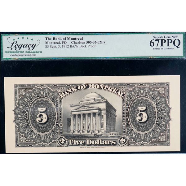 The Bank of Montreal; 1912 $5 CH-505-52-02Pa, Legacy Currency Grading Superb Gem Uncirculated-67PPQ.