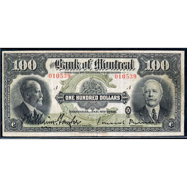 The Bank of Montreal; 1923 $100 #010539 #CH-505-56-10, Legacy Currency Grading Choice Very Fine-25. 