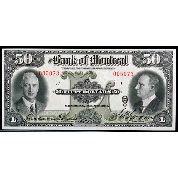 The Bank of Montreal; 1931 $50 #005073 CH-505-58-08, Legacy Currency Grading Very Choice Uncirculate