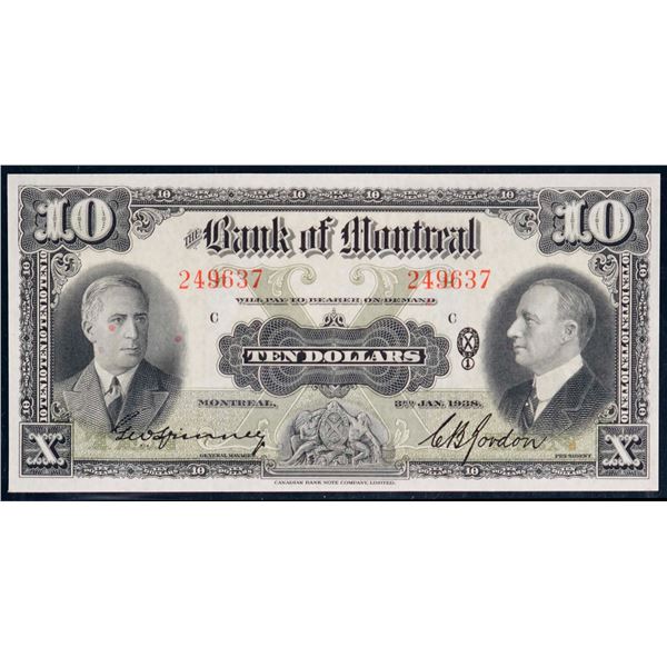 The Bank of Montreal;  1938 $10 #249637 CH-505-62-04, Legacy Gem Superb Gem Uncirculated-66PPQ.