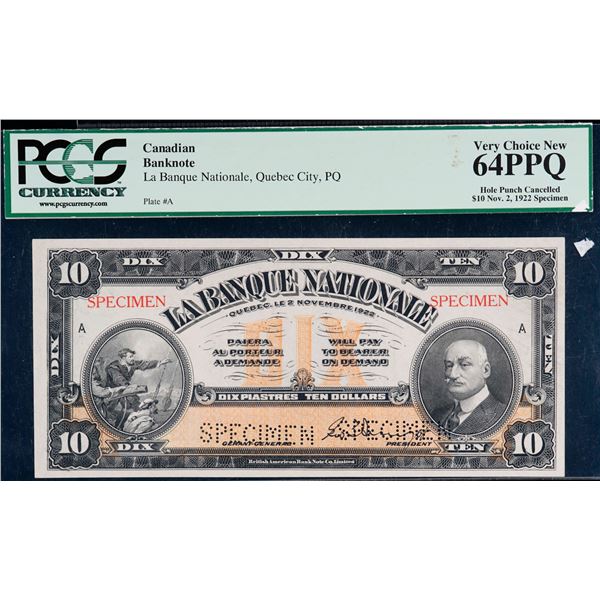 La Banque Nationale 1922 $10 CH-510-22-04S PCGS Choice Uncirculated-64, Hole Punch Cancelled