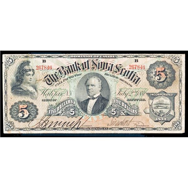 The Bank of Nova Scotia; 1881 $5 CH-550-20-10 #267846, PMG Very Fine-20. A very rare and underrated 