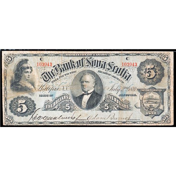 The Bank of Nova Scotia; 1881 $5 CH-550-20-06 #103043, PMG Very Fine-20. This is a decent example of