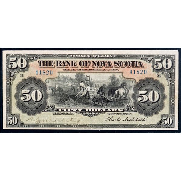 The Bank of Nova Scotia; 1920 $50 CH-550-28-26 #41820, PMG Choice Very Fine-30. Small tears. A stron