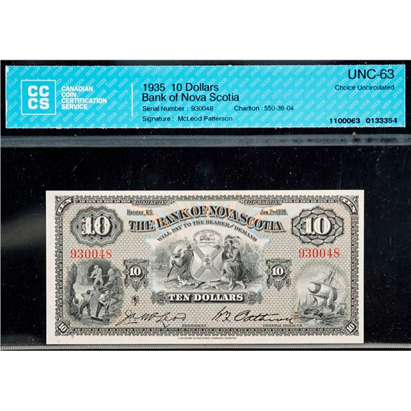 The Bank of Nova Scotia 1935 $10 #930048 CH-550-36-04 CCCS Choice Uncirculated-63