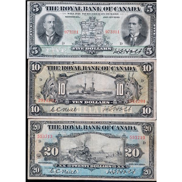 The Royal Bank of Canada 1913 $5, $10 "Battleship", $20 "Train" Lot of 3 notes Fine to VF.  A nice g