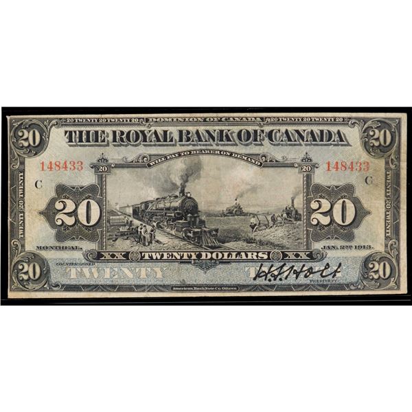 The Royal Bank of Canada 1913  $20 #148433 CH-630-12-10 F-VF with issue.  Popular and sought-after b