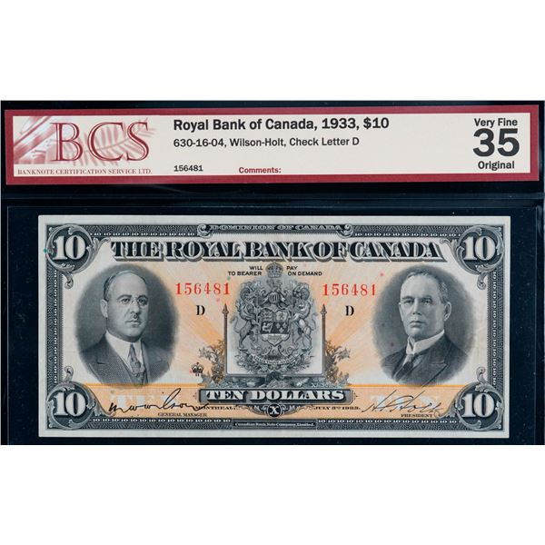 The Royal Bank of Canada 1933 $10 #156481 CH-630-16-04 BCS Choice Very Fine-35 Original