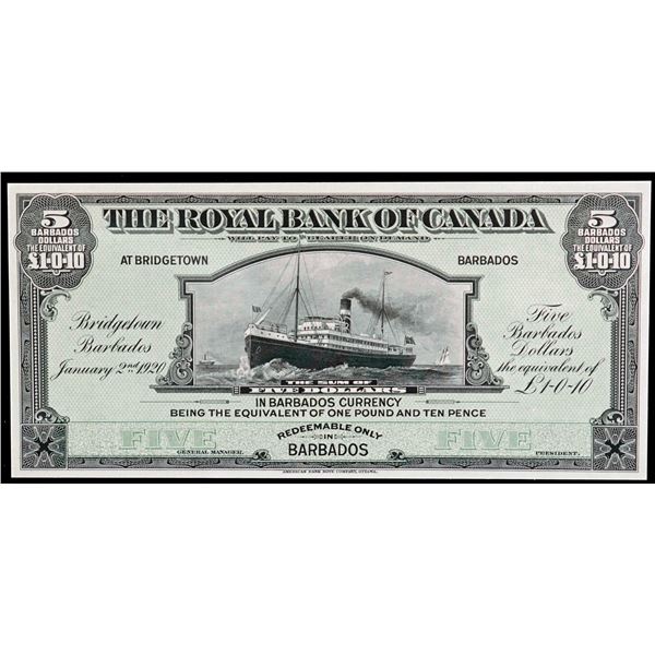 The Royal Bank of Canada;  1920 $5 (£1-10-10) CH-630-30-02P, Legacy Currency Grading Superb Gem Unci