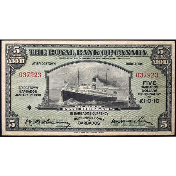 The Royal Bank of Canada;  1938 $5 CH-630-30-02 'BARBADOS' #037923  Legacy Choice Very Fine-25.  Sca