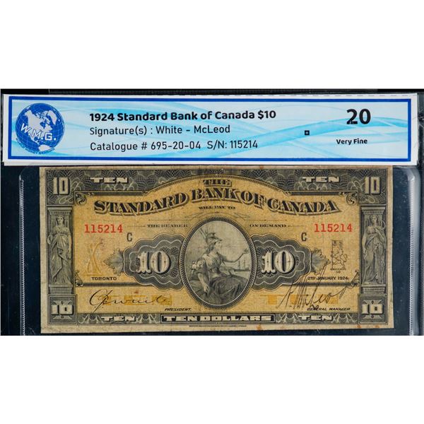 The Standard Bank of Canada;  1924 $10 #115214 CH-695-20-04,  Fine or better with stains.
