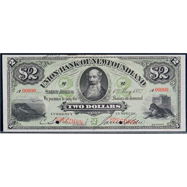 The Union Bank of Newfoundland;  1882 $2 CH-750-16-02S, Legacy Choice Uncirculated-64 Hole Punch Can