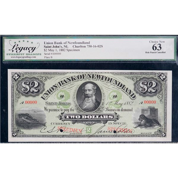 The Union Bank of Newfoundland;  1882 $2 CH-750-16-02S, Legacy Choice Uncirculated-63 Hole Punch Can