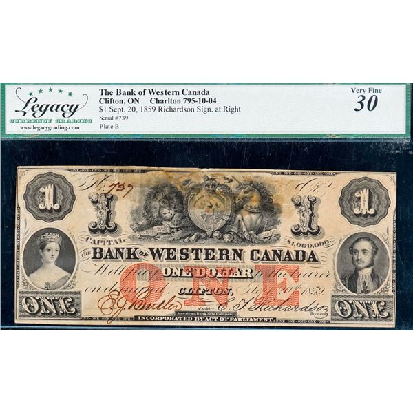 The Bank of Western Canada;  1859 $1 #739 CH-795-10-04, Legacy Currency Grading Choice Very Fine-30 