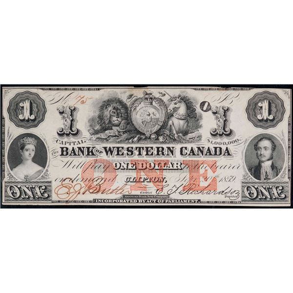 The Bank of Western Canada;  1859 $1 #75 CH-795-10-04. PMG Choice About Uncirculated-55.  Low Serial