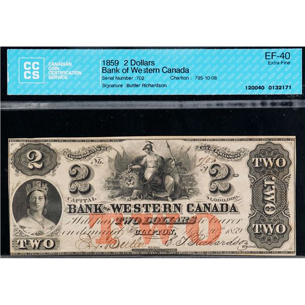 The Bank of Western Canada 1859 $2 #702 CH-795-10-08 CCCS Extra Fine